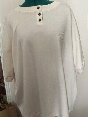 Women's White Short Sleeve Henley Tee with Embroidered Detail